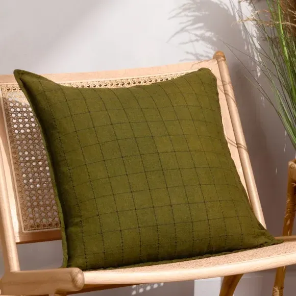 Square Grid Check Cushion - Olive, Linen