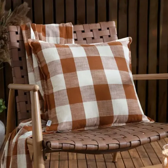 Square Outdoor Cushion Check Design - Pecan, Cotton