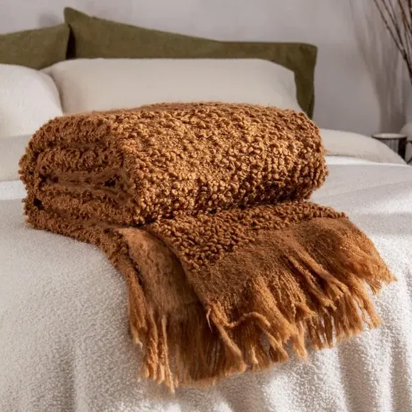 Throw Blanket with Fringe - Ginger, Boucle