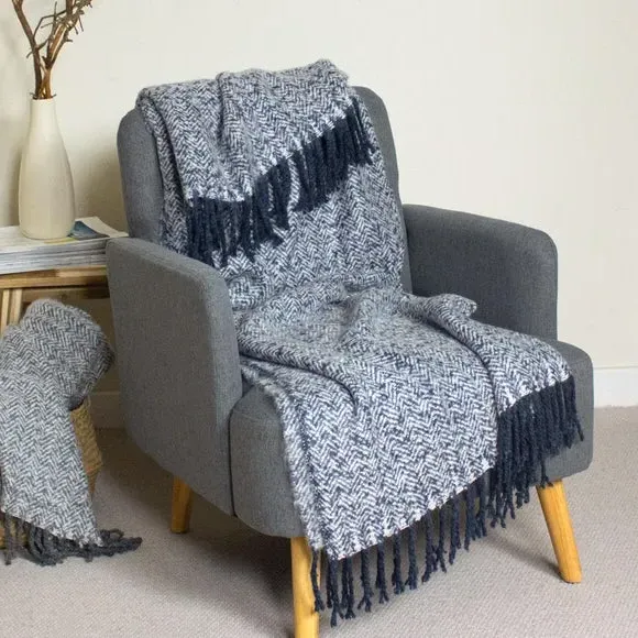 Throw Blanket with Tassels - Navy, Acrylic