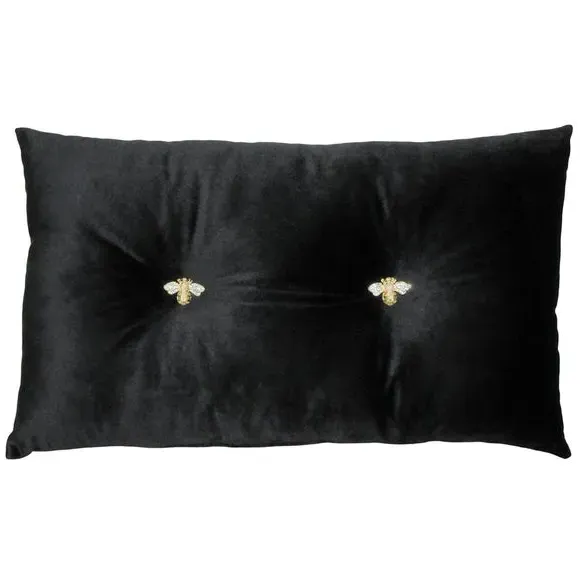 Decorative Cushion with Bee Brooches - Black, Velvet