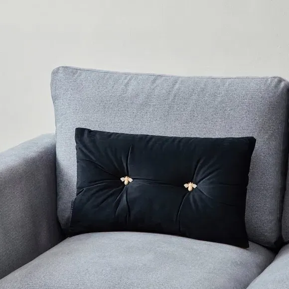 Decorative Cushion with Bee Brooches - Black, Velvet image