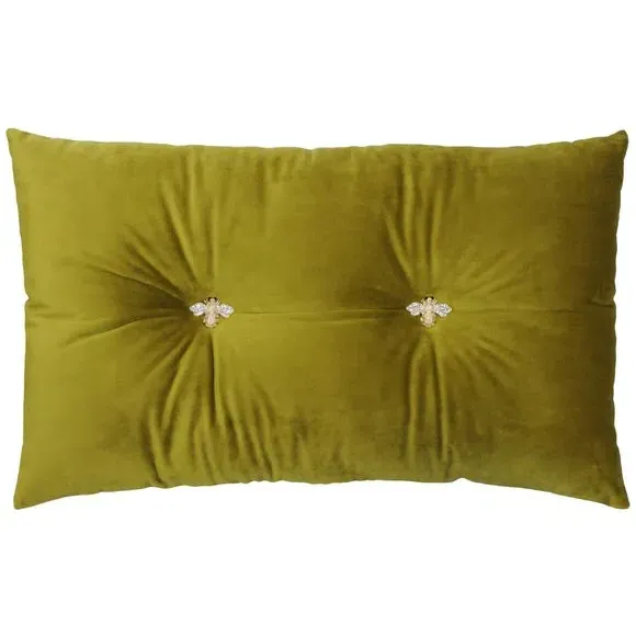 Decorative Cushion with Bee Brooches - Green, Velvet