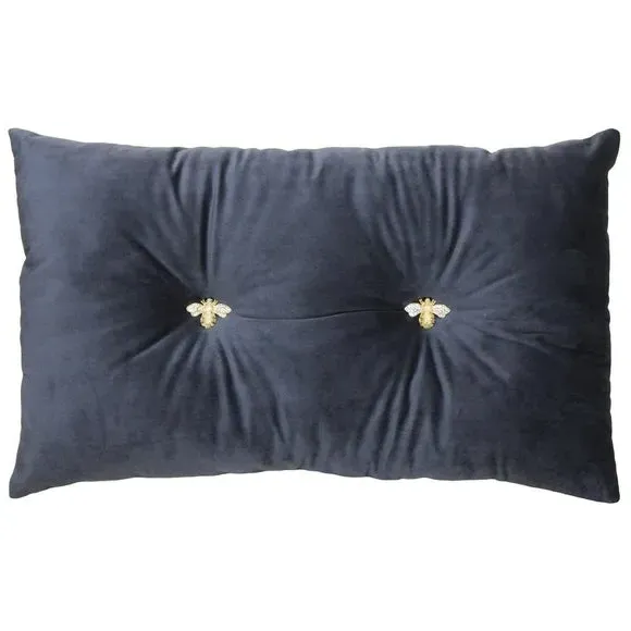 Decorative Cushion with Bee Brooches - Grey, Velvet