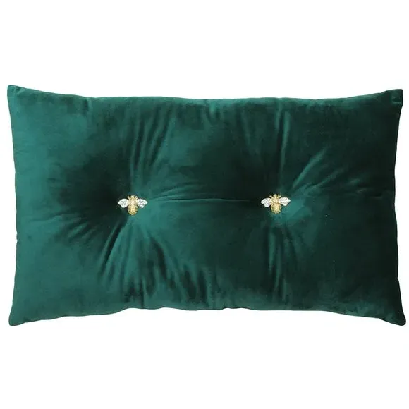 Decorative Cushion with Bee Brooches - Teal, Velvet