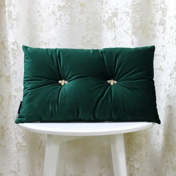 Decorative Cushion with Bee Brooches - Teal, Velvet