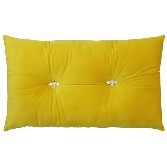 Decorative Cushion with Bee Brooches - Yellow, Velvet