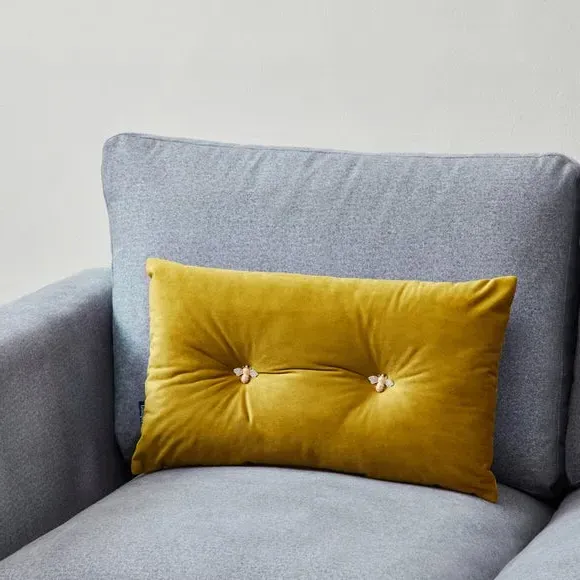 Decorative Cushion with Bee Brooches - Yellow, Velvet