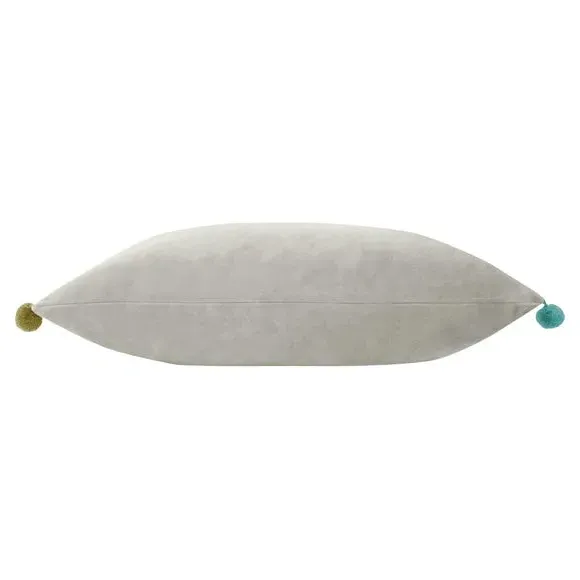 Decorative Cushion with Pom Pom Trim - Grey, Velvet