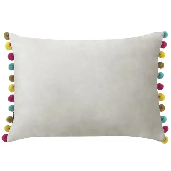 Decorative Cushion with Pom Pom Trim - Grey, Velvet
