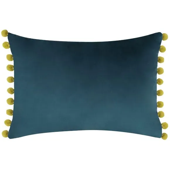 Decorative Cushion with Pom Pom Trim - Indigo, Velvet