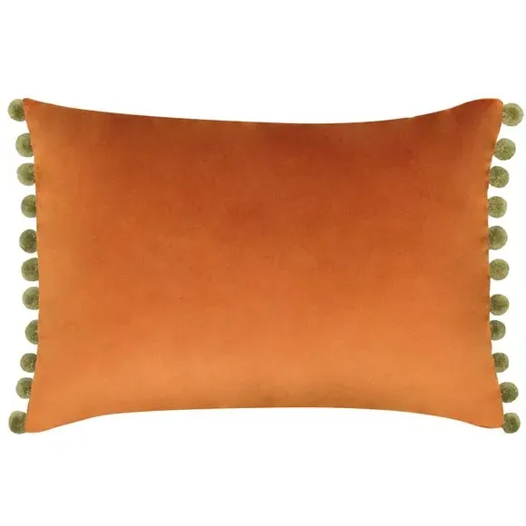 Decorative Cushion with Pom Pom Trim - Orange, Velvet