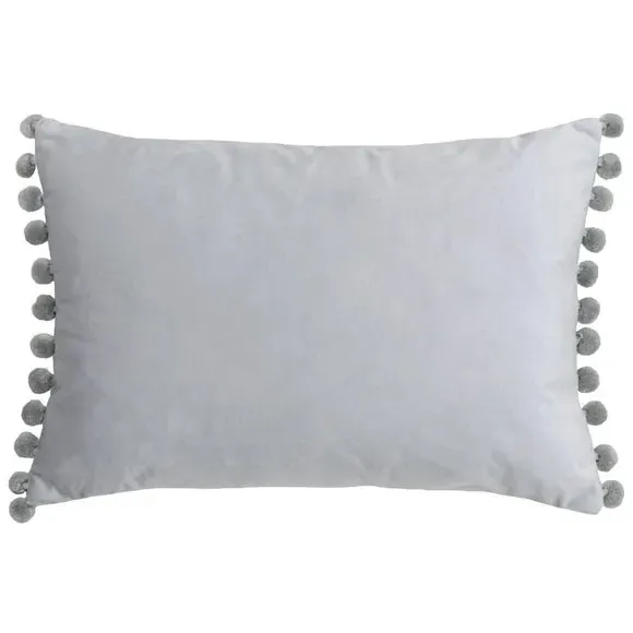 Decorative Cushion with Pom Pom Trim - Silver, Velvet