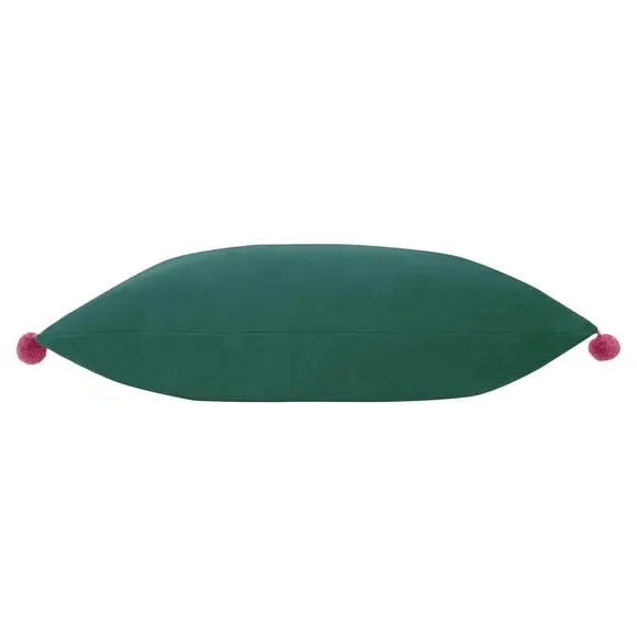 Decorative Cushion with Pom Pom Trim - Teal, Velvet