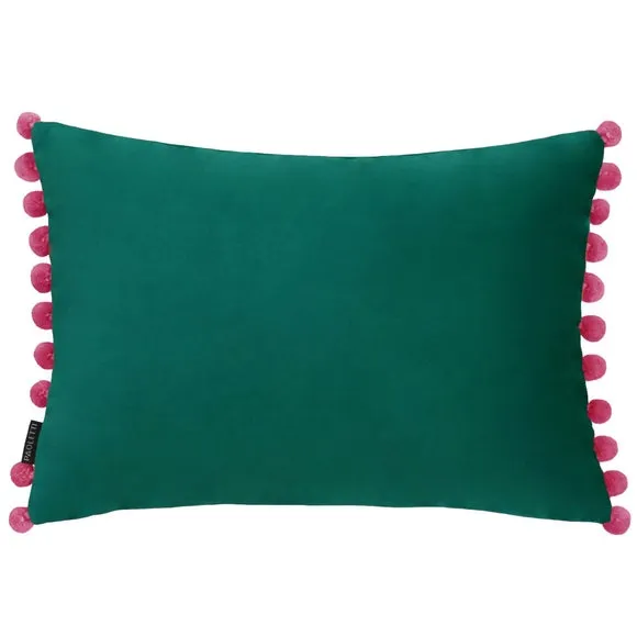 Decorative Cushion with Pom Pom Trim - Teal, Velvet