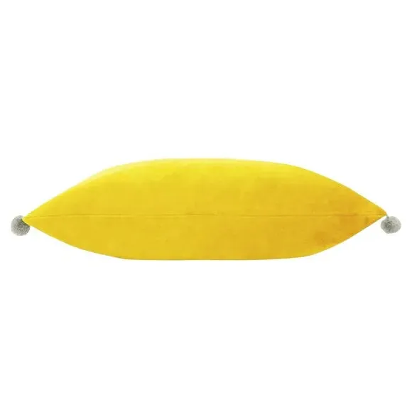 Decorative Cushion with Pom Pom Trim - Yellow, Velvet