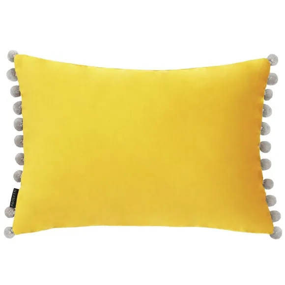 Decorative Cushion with Pom Pom Trim - Yellow, Velvet