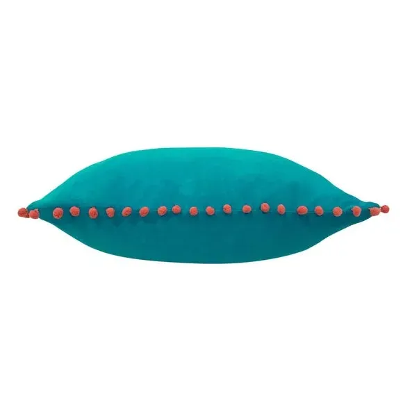 Pom Pom Cushion with Velvet Front - Blue