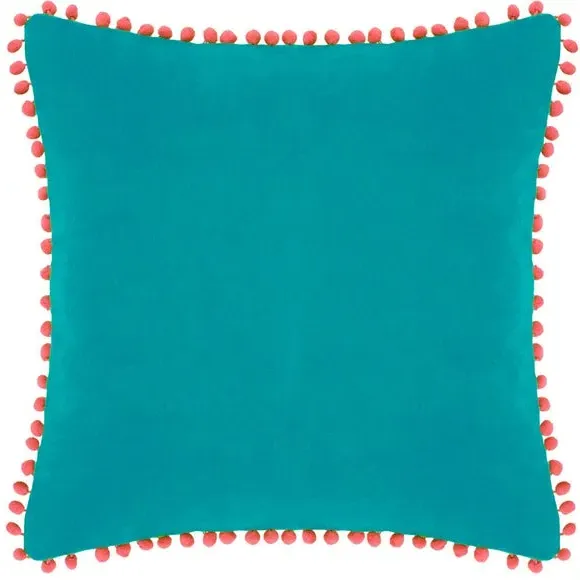Pom Pom Cushion with Velvet Front - Blue image