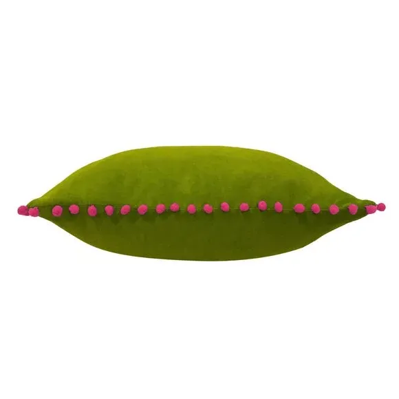 Pom Pom Cushion with Velvet Front - Green