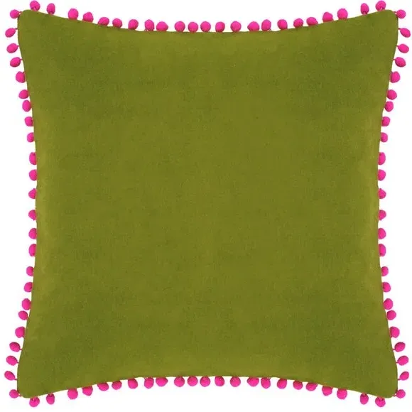 Pom Pom Cushion with Velvet Front - Green