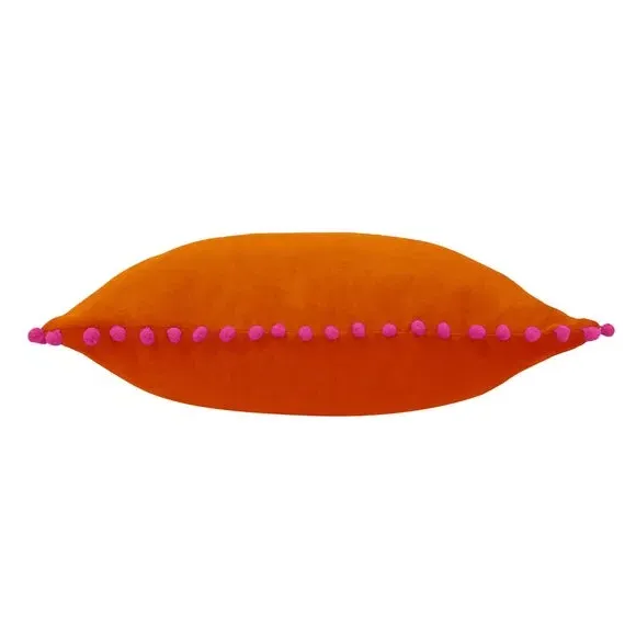 Pom Pom Cushion with Velvet Front - Orange