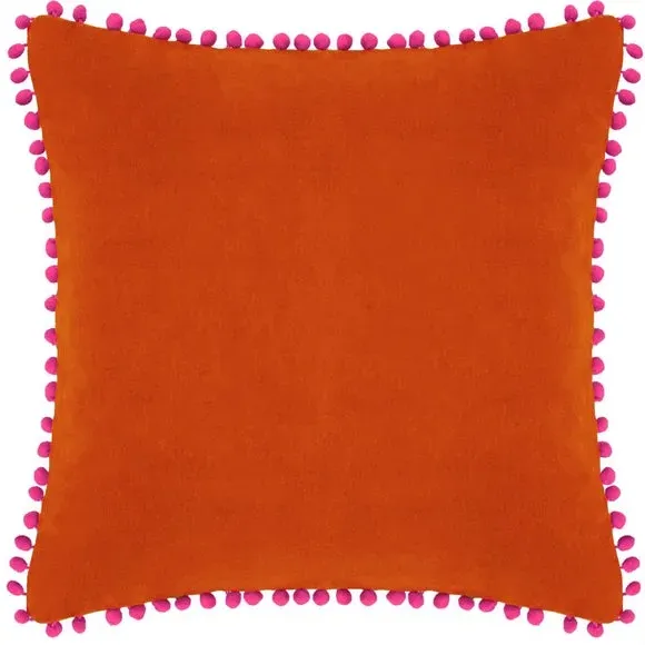 Pom Pom Cushion with Velvet Front - Orange
