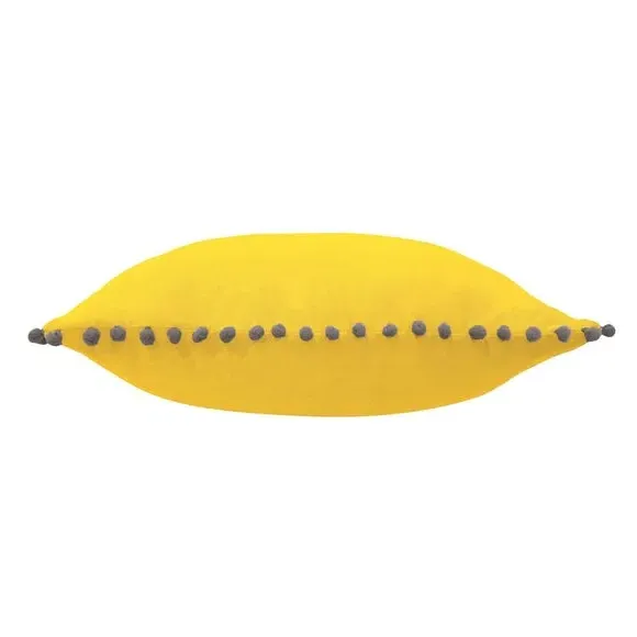 Pom Pom Cushion with Velvet Front - Yellow