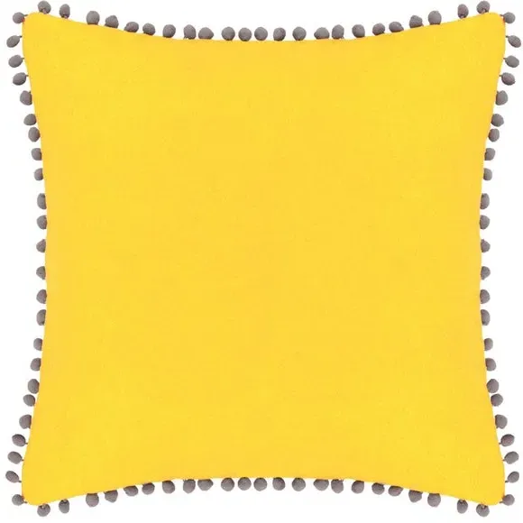 Pom Pom Cushion with Velvet Front - Yellow