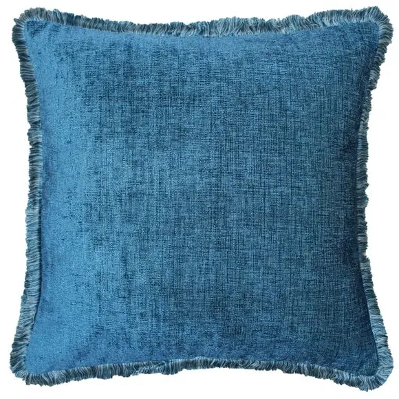Square Cushion with Fringed Edges - Teal, Polyester