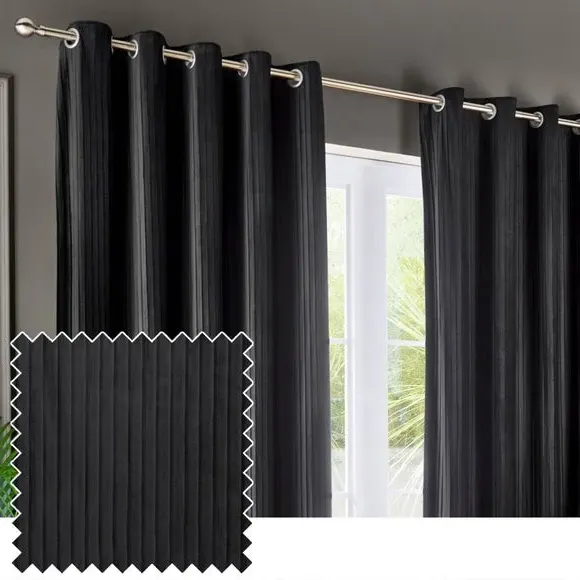 Eyelet Curtains with Micro-Pleat - Black, Velvet
