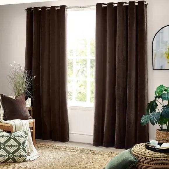 Heavy Eyelet Curtains - Brown, Chenille