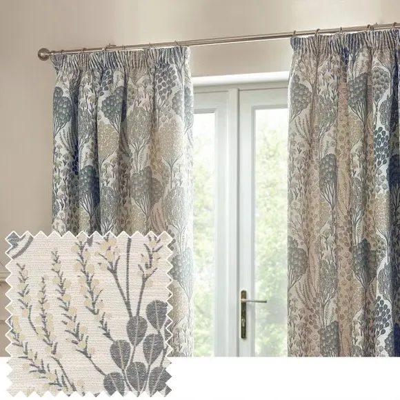 Pencil Pleat Curtains with Tie Backs - Blue, Polyester