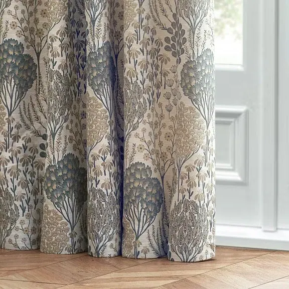 Pencil Pleat Curtains with Tie Backs - Blue, Polyester