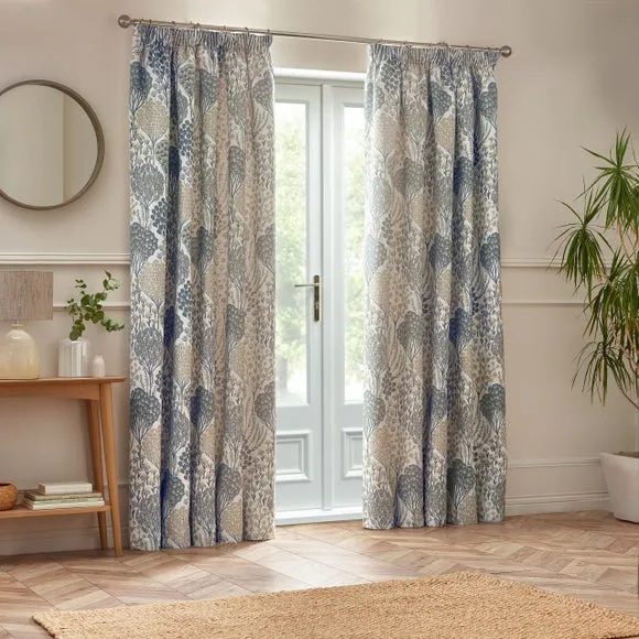 Pencil Pleat Curtains with Tie Backs - Blue, Polyester