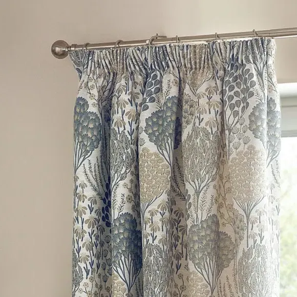Pencil Pleat Curtains with Tie Backs - Blue, Polyester