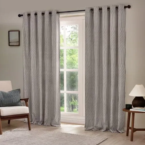 Striped Eyelet Curtains - Grey, Cotton