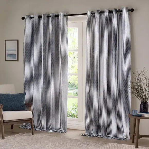 Striped Eyelet Curtains - Navy, Cotton