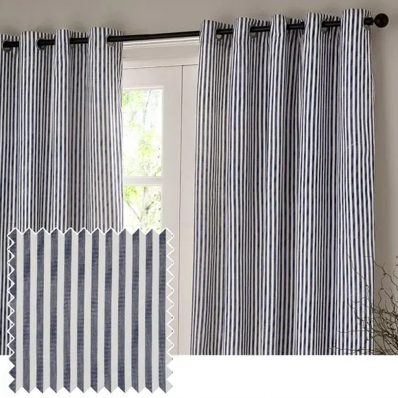 Striped Eyelet Curtains - Navy, Cotton