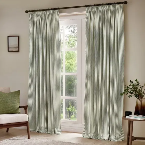 Striped Pencil Pleat Curtains - Green, Cotton