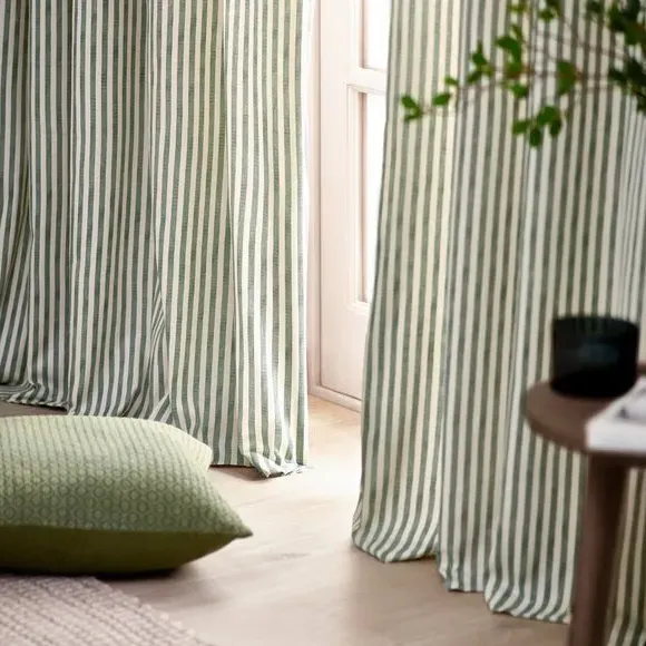 Striped Pencil Pleat Curtains - Green, Cotton