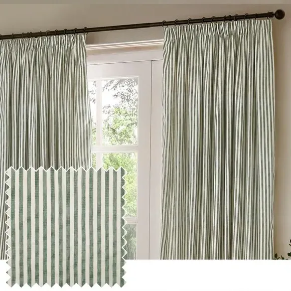 Striped Pencil Pleat Curtains - Green, Cotton