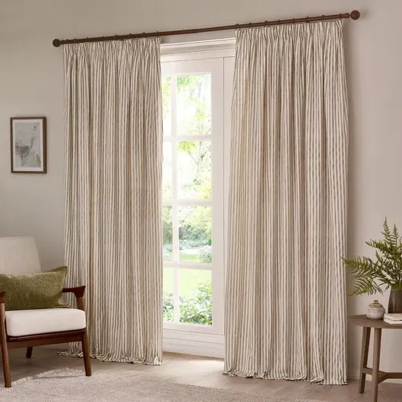 Striped Pencil Pleat Curtains - Natural, Cotton