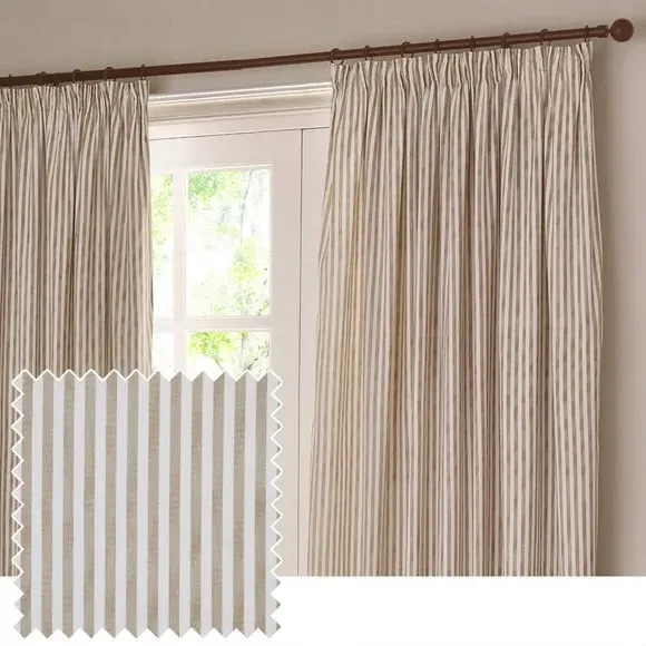 Striped Pencil Pleat Curtains - Natural, Cotton
