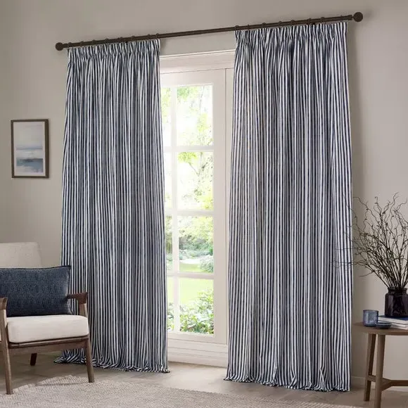 Striped Pencil Pleat Curtains - Navy, Cotton