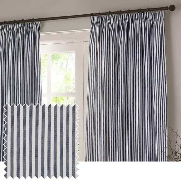 Striped Pencil Pleat Curtains - Navy, Cotton