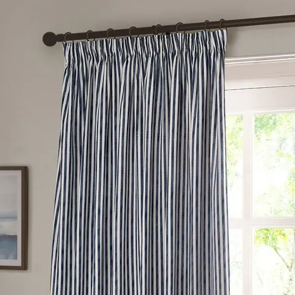 Striped Pencil Pleat Curtains - Navy, Cotton