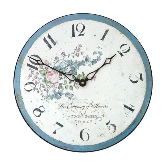Wall Clock with Rose Design - Blue
