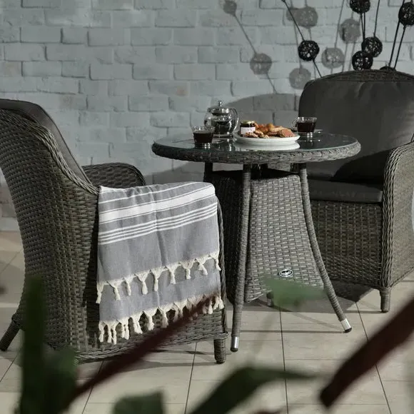 2-Seater Bistro Set with Glass Top - Grey, Wicker