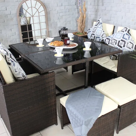 8-Seater Cube Set with Glass Table - Brown Rattan